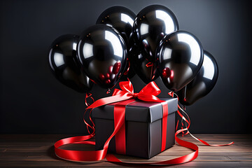 Black & red balloons with black gift box with red ribbon with copy space Black Friday sale concept