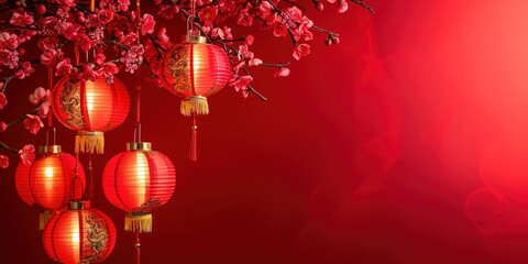 Fototapeta na wymiar Happy chinese new year, year of the dragon zodiac sign hanging beautiful lantern and flowers on red background. Copy space.