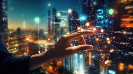 close up Hand touching Telecommunication network and wireless mobile internet technology with 5G LTE data connection of global business, fintech, blockchain