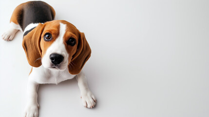 Young beagle puppy laying on white floor with floppy ears, hound dog looking at camera, shot from above, room for type, pets, pet care, dog training, puppy training, family pet, veterinary concepts