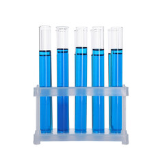 Many test tubes with light blue liquid in stand isolated on white