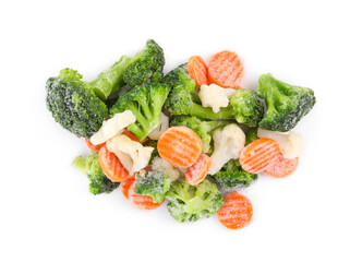 Mix of different frozen vegetables isolated on white, top view