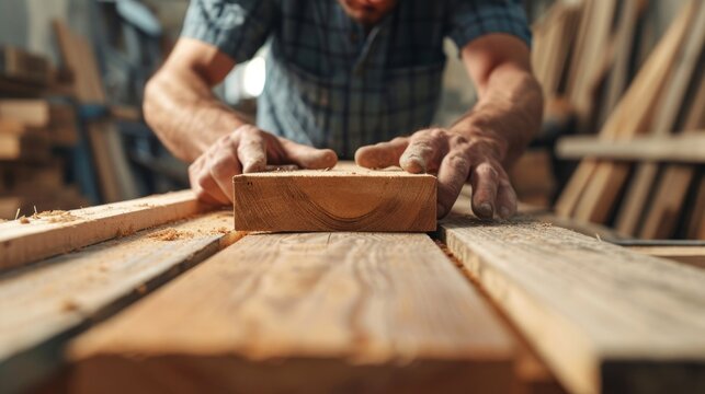 man owner a small furniture business is preparing wood for production. carpenter male is adjust wood to the desired size. architect, designer, Built-in, professional wood, craftsman, workshop..
