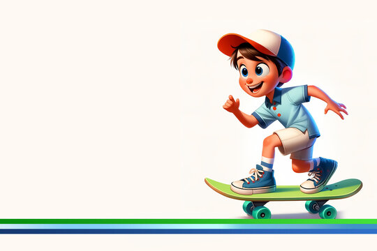 Cute Teen Boy in Fashion Clothes Leaping on Skateboard - 3D Render Isolated, Smiling Casual Teen Boy Jumps High on Skateboard, Funny Smiling Teen Boy Jumps High on Skateboard 
