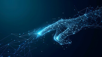 An abstract image of a digital hand appears on a bright blue technological background consisting of interconnected lines, dots and triangles. advances in internet technology. Generative AI