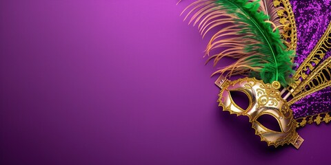 Mardi gras.Holidays mardi gras masquarade, venetian mask fan over purple background. view above,mardi gras background copy space Happy Mardi Gras . Fat Tuesday carnival texture golden,green purple.