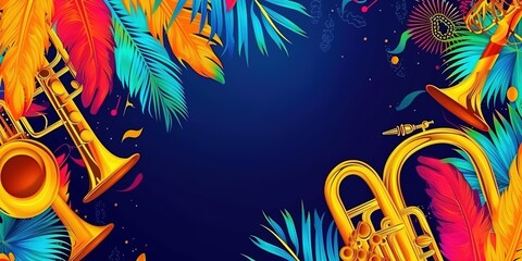 Vector Border for Brazil Carnival with copy space, horizontal invitation with illustration of carnival symbols, musical instruments, golden decorative feathers for night carnival in Rio de Janeiro. 