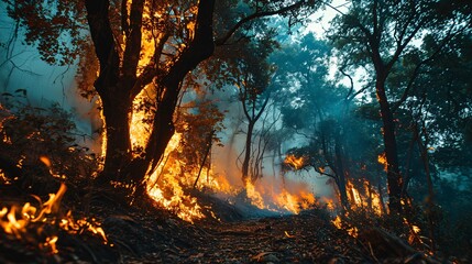 A tree engulfed in inferno, a blazing forest threatening nearby urban areas and endangering vehicles and occupants with deadly flames. - obrazy, fototapety, plakaty