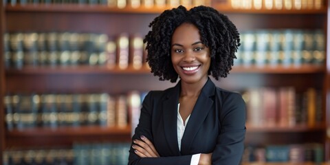 African attorney with a confident and proud demeanor working in a law firm.