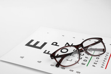 Glasses and vision test chart isolated on white