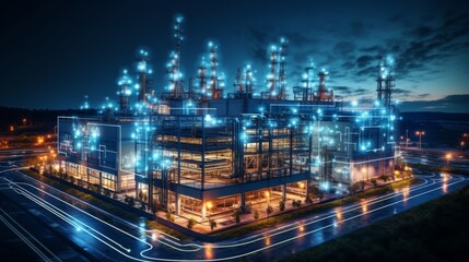 Obraz premium Modern factory, communication network. Telecommunication. IoT, Internet of Things, ICT, Information communication Technology,. Smart factory. Digital transformation, cloud connecting, generate by AI