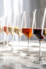 Wine tasting with several glasses filled with wine in a row in front of a neutral background