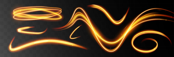 Light wave,shiny gold lines.Color glowing design element.Wavy bright stripes.Vector illustration.	

