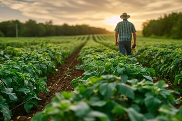 Fototapeta premium Farmer Surveying Potato Harvest in Field.
