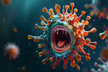 3d cell Angry coronavirus cartoon character. Virus monster with evil look - obrazy, fototapety, plakaty