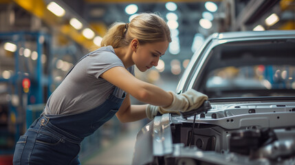 Female Automotive Worker Assembling Vehicle on Production Line - Industrial Manufacturing, Skilled Labor, Engineering, Quality Control, Automotive Industry