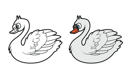 Cute cartoon Swan color variation and outline drawing for coloring on a white background