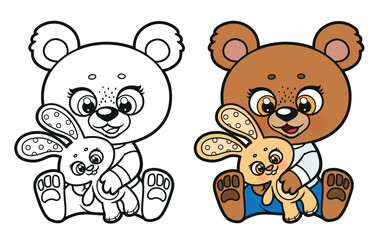 Cute cartoon teddy bear in pajamas  holding toy rabbit color variation and outline for coloring page