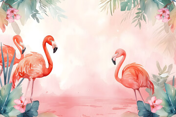 Cute cartoon flamingo frame border on background in watercolor style.