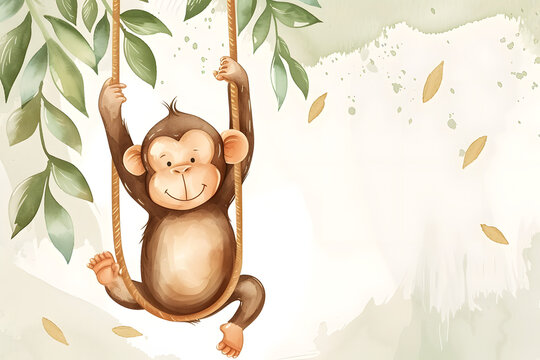 Cute cartoon monkey frame border on background in watercolor style.