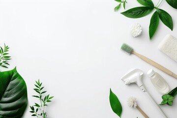 Brushes, sponge, natural cleaning products and plants on white background with copy space....