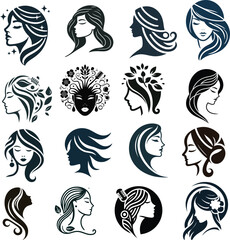 Beautiful minimalist vector woman icon head and hair symbol illustration for beauty or health 