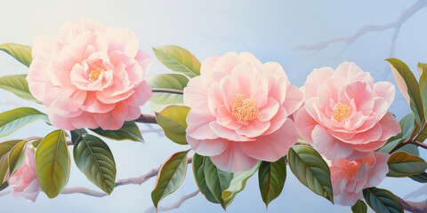 Fototapeta na wymiar Romantic Camellia Blossom: Delicate Beauty and Elegance in Pink, Captured Closeup on Green Leaves for a Floral Wallpaper Background