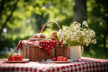 Fototapeta na wymiar Picnic basket on the tablecloth in summer garden, Summer picnic background. Cute Wicker basket with foods, fruits. the tablecloth on the grass, Ai generated