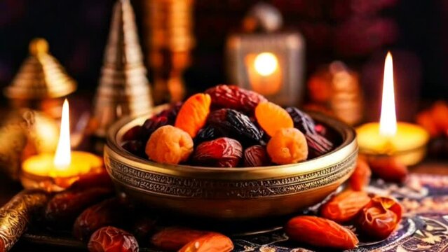 Dates are popular in the kareem month of Ramadan. Bokeh light background. seamless looping 4k time-lapse animation video background
