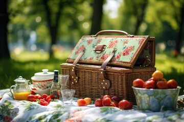 Naklejka na ściany i meble Picnic basket on the tablecloth in summer garden, Summer picnic background. Cute Wicker basket with foods, fruits. the tablecloth on the grass, Ai generated