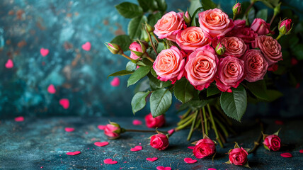 Whispers of Romance: Luxurious Coral Roses Bouquet on Teal Bokeh - Dewy Petals & Red Accents for Valentine's Day Elegance - Ai Generated - obrazy, fototapety, plakaty