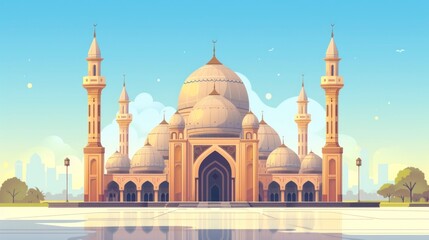 Fototapeta na wymiar Illustration of beautiful architectural design of Ramadan concept of innovative Muslim mosque with beautiful sky in high resolution and quality