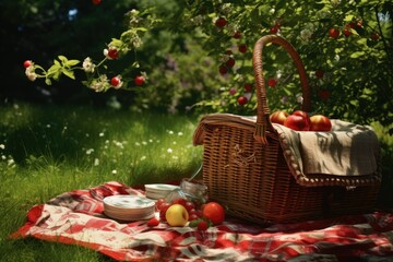 Picnic basket on the tablecloth in summer garden, Picnic basket on a sunny summer day in the grassy...