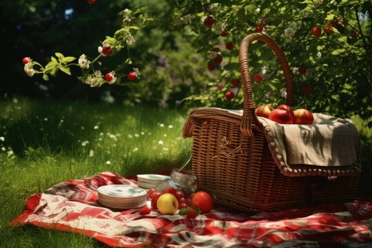 Picnic basket on the tablecloth in summer garden, Picnic basket on a sunny summer day in the grassy park, Ai generated