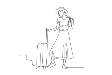 A woman is posing with a suitcase