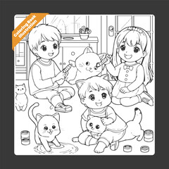 Vector cute coloring book illustration of kids playing  with cat