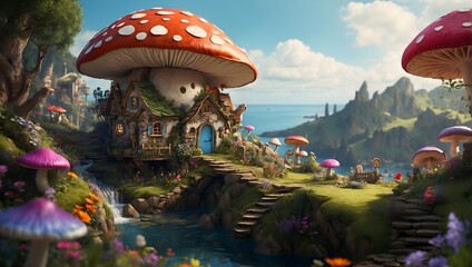 illustration of a fairy village in macro, mushroom houses and tiny dwellings nestle among delicate flowers