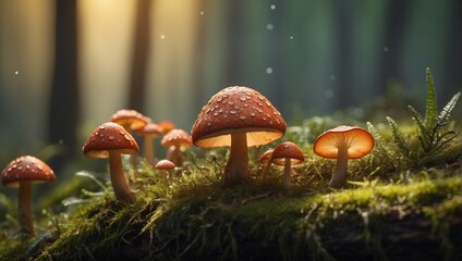 Macro shoot Illustration of fairy forest with mushroom bathed by golden sunlight and morning mist