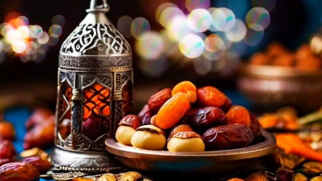 Dates are popular in the kareem month of Ramadan. Bokeh light background. seamless looping 4k time-lapse animation video background