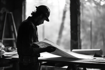Professional Male Engineer in Safety Helmet Holding Blueprint, Analyzing Construction Site