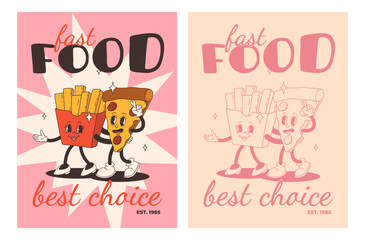 Set of fast food posters. Retro groovy cards with street food characters. Brochure with funky groovy burger, french fries, soda, ice cream, donut, pie, coffee to go, sandwich. Fast food delivery