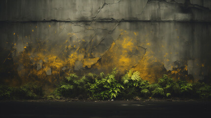 Old wall background with yellow due and plants