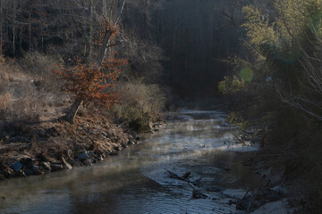 Stream with fog rising in fall