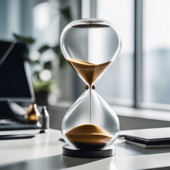 hourglass with sand on modern house background