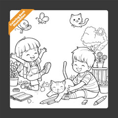 Vector cute coloring book illustration of kids playing  with cat