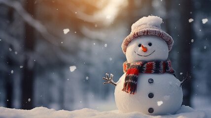 Snowman in the winter forest. Christmas and New Year background II