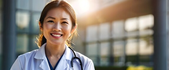 Portrait of smiling Asian female doctor in hospital courtyard  - obrazy, fototapety, plakaty