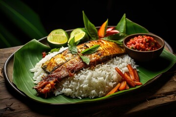 Rice with fish and vegetables on a banana leaf, Colorful Asian Traditional Meal on a Banana Leaf, Ai generated