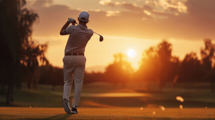 Male golfer swinging club at course during sunset  - obrazy, fototapety, plakaty