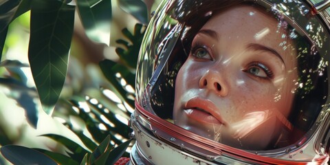 Stunning Retro Vintage Female Astronaut Goddess in a Space Suit in an Alien Jungle - Woman Astronaut Background created with Generative AI Technology